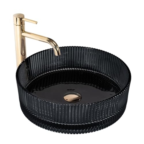 Rea Aufsatzwaschbecken Ingrid Schwarz Waschtisch Handwaschbecken Bad Waschschale Waschbecken für Badezimmer 395 x 395 x 120 mm Glas (Schwarz)