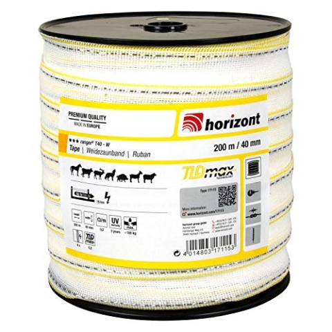 horizont Weidezaunband ranger T40-W, 200 m lang, 40 mm breit, Breitband Litze, Weidezaun Strom, Elektrozaun, für mittlere Zäune, 180 kg Bruchlast, Band, Litze Weidezaun