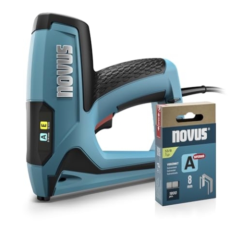 NOVUS TOOLS Elektrotacker J-120 Set mit 1800 Klammern │ Elektrische Tackerpistole für Holz zur Befestigung von Stoffen und Zierleisten │ Für Feindrahtklammern 6-14 mm und Nägel 16 mm