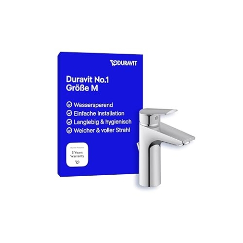 Duravit No.1 Waschtischarmatur, Größe M (Auslauf Höhe 117 mm), Wasserhahn Bad mit Zugstangen-Ablaufgarnitur, wassersparende Waschbecken Armatur (MinusFlow), Chrom