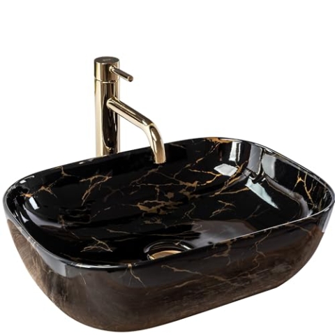 Rea Waschbecken Waschtisch Aufsatzwaschbecken Keramik Handwaschbecken Aufsatz Waschschale Rechteckig Schwarz Marmor 33x46 Badezimmer