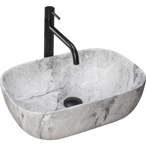 Rea Waschbecken Waschtisch Aufsatzwaschbecken Keramik Handwaschbecken Aufsatz Waschschale Rechteckig Stein Marmor 33x46 Grau