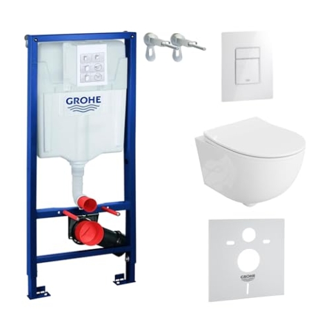 Lavita Vorwandelement Solido + Wand Hänge WC Brava Weiß Spülrandlos + WC Sitz mit Absenkautomatik Glänzend Weiß Knopf Komplettset Unterputz Spülkasten Toilette Komplett Sett WC