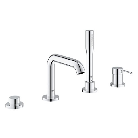 GROHE Essence, Badewannenarmatur, 4-Loch (Komplettset bestehend aus Armatur, Duschkopf und Duschschlauch, Umstellung für Wanne/Brause, langlebige Oberfläche, mit Temperaturbegrenzer), chrom, 19578001