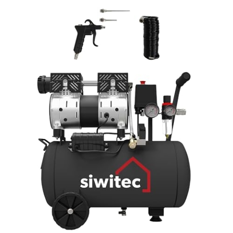 siwitec Flüsterkompressor SK-750 inkl. 10 m Druckluftschlauch und Druckluftpistole mit 2 Verlängerungsstücken | Kompressor mit 750 W, 24 L, max.8 bar, 67 dB, 126 l/min Ansaugleistung | ölfrei