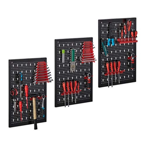 Relaxdays Werkzeugwand 3-teilig, inkl. 17-teiligem Werkzeughalter Set, Lochwand HxB je 60 x 39 cm, Metall, schwarz-rot