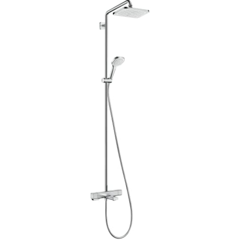 hansgrohe Wannenduschsystem Croma E Regendusche (Duschkopf, Duschkopf, Duschstange, Wannenthermostat mit Umsteller, Schlauch, 4 Strahlarten) Chrom