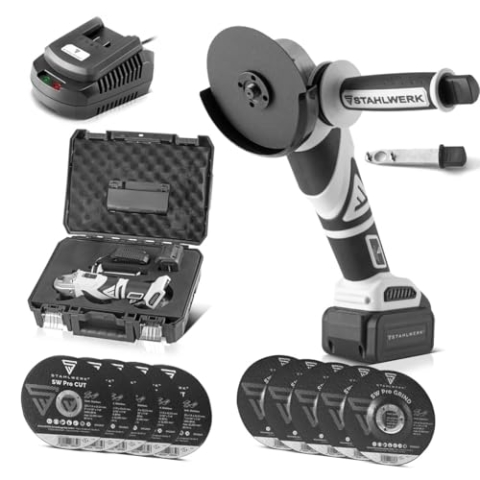 STAHLWERK Brushless Akku Winkelschleifer Bürstenlos 20 V/4Ah Akku System, 0-7500 min-1, Scheibengrößen 115 mm & 125 mm (AWS-20 ST Maschinenkoffer Set)