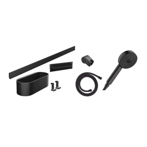 hansgrohe WallStoris - Badezimmer Set, Zubehör Set für das Bad ohne bohren, 7-teilig, mit Duschkopf wassersparend und Bad-Accessoires, Badezimmer Zubehör, Mattschwarz, 24291670