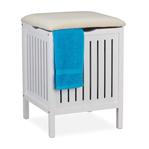 Relaxdays Wäschekorb mit Sitz, Landhausstil, 40 l Wäschesammler, Holz & Stoff, Badhocker HxBxT: 55 x 41 x 41 cm, weiß