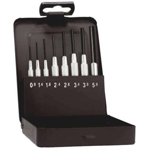 Rennsteig Splintreibersatz (Splinttreiber), 0,9 bis 5,9mm, Führungshülse – CV-Stahl, 8-tlg, in Metallkassette – 4571005