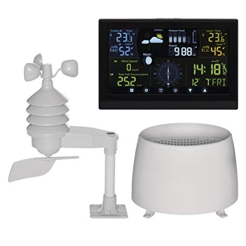 EMOS - profi Funk-Wetterstation mit Außensensor - Touchscreen-Display, Wind- & Regenmesser, Wettervorhersage, Innen/Außentemperatur - DCF Funkuhr - 15 Funktionen - inkl. Netzteil, Wand/Tischhalterung