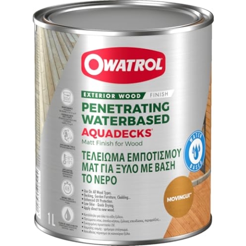 OWATROL – AQUADECKS – 1 L – Movingui – Holzsättiger matt auf wässriger Basis, für den Schutz von tropischem Holz im Außenbereich Teak Ipe Bangkirai Akazie Massaranduba