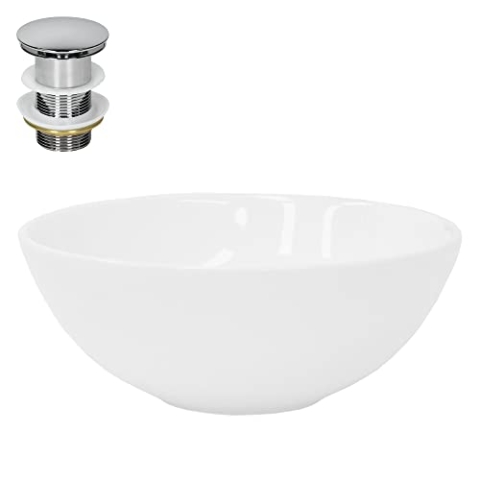 ML-Design Waschbecken aus Keramik in Weiß glänzend Ø 28x11,6 cm inkl. Ablaufgarnitur, Runde Aufsatzwaschbecken ohne Überlauf, Moderne Waschtisch, Waschschale Waschplatz Handwaschbecken, für Badezimmer
