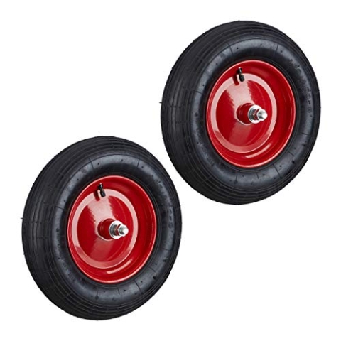 2x Schubkarrenreifen 4.80 4.00-8, Ersatzrad luftbereift mit Achse, Luftreifen 120kg Traglast, Schubkarrenrad, schwarz-rot