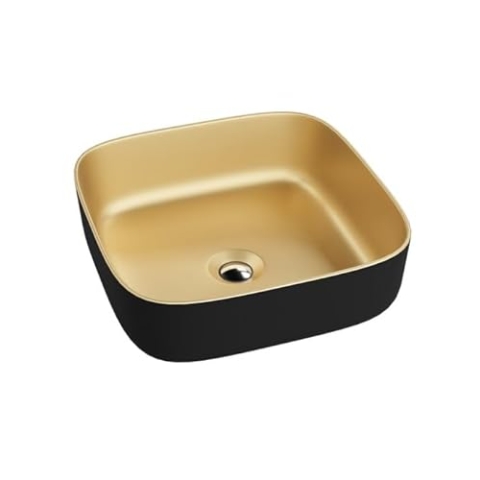 LAVITA Aufsatzwaschtisch Galera Mini Gold/Black Aufsatzwaschbecken Quadrat Waschbecken ohne Überlauf und Hahnloch Aus hochwertigem Porzellan Waschtisch Badkeramik Waschplatz 39x39x14 cm Schwarz/Gold