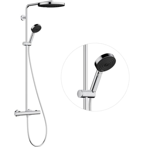 hansgrohe Pulsify S Puro - Duschsystem mit Thermostat, Regendusche (260 mm) mit Armatur, Handbrause (3 Strahlarten inkl. PowderRain), Schlauch, Brausestange und runder Kopfbrause, Chrom, 24236000