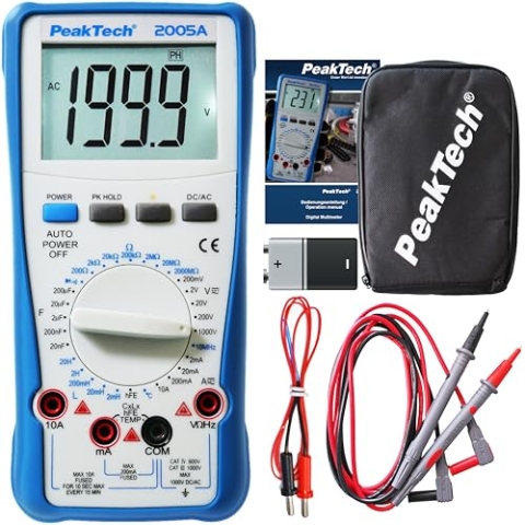 PeakTech 2005 A – Digital Multimeter mit LCD-Anzeige – Strommessgerät mit 2000 Counts – Profi-Messgerät für Elektriker mit Auto-Hold Funktion – CAT III 1000V – Blau