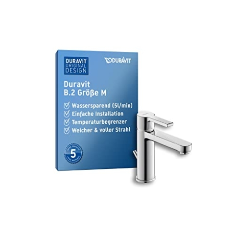 Duravit B.2 Waschtischarmatur, Größe M (Auslauf Höhe 106,5 mm), Wasserhahn Bad mit Zugstangen-Ablaufgarnitur, Waschbecken Armatur mit Keramikkartusche, Chrom