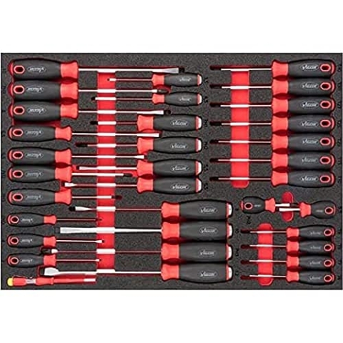 ViGOR Schraubendreher Satz V6813 | 2K Weichschaum-Einlage, Schlüsselweite: ∙ 0,5 x 3 – 1,6 x 10 · PH0 – PH3 · T6 – T40 | Resistent gegen Öle und Fette
