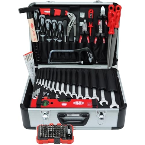 FAMEX 729-87 Alu Werkzeugkoffer gefüllt mit Profi Werkzeug-Set - max. Tragkraft 30kg, viele Werkzeuge aus deutscher Produktion - Platz für weitere Werkzeuge und Teile