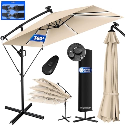 KESSER® Ampelschirm Holly Sonnenschirm Rechteckig LED Solar inkl. Abdeckung + Windsicherung mit Kurbel | Kurbel-Schirm mit Ständer UV-Schutz Aluminium Wasserabweisend Ø350cm Gartenschirm Beige