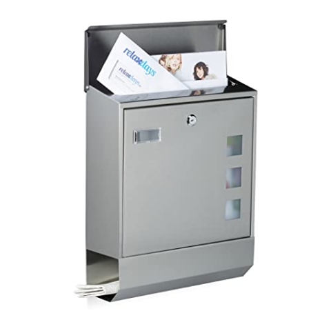 Relaxdays Briefkasten Edelstahl mit Zeitungsfach, Namensschild, Sichtfenster, HxBxT: 42 x 35 x 12,5 cm, Design, silber