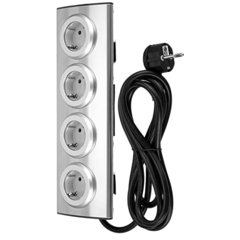 REV Steckdosenleiste - Mehrfachsteckdose mit Klettband für Eckmontage, ideal für Küche & Büro, 3500W, 1,95m, Silber