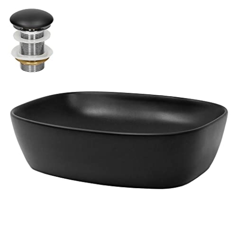 ML-Design Waschbecken aus Keramik Schwarz 505x385x140 mm mit Ablaufgarnitur, Abgerundeten Ecken, Aufsatzwaschbecken, Moderne Waschtisch Waschschale Waschplatz Handwaschbecken, für Badezimmer/Gäste-WC