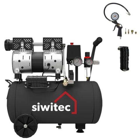 siwitec Flüsterkompressor SK-750 inkl. 10 m Druckluftschlauch und Reifenfüller mit 4 Adaptern | Kompressor mit 750 W, 24 L Kessel, max. Druck 8 bar, 67 dB, 126 l/min Ansaugleistung | ölfrei