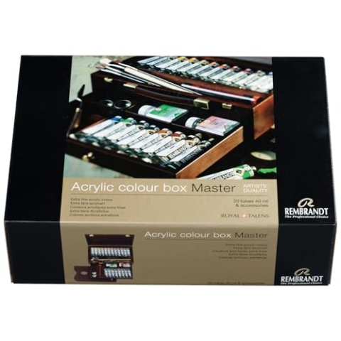 Rembrandt Professionelles Acrylfarben-Set in luxuriöser Holzbox Master | 20 Tuben (40 ml) + Pinsel & Zubehör