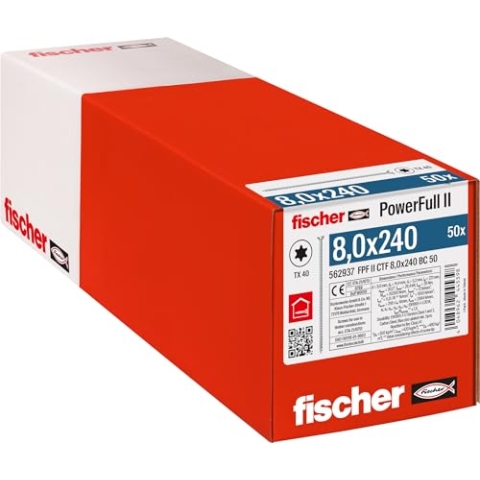 fischer PowerFull II 8,0 x 240, Premium Vollgewindeschraube (50 Stk.) mit innovativer Spitzengeometrie, Stahlschraube für tragende Holzkonstruktionen mit Senkkopf, vermindert Spaltrisiko