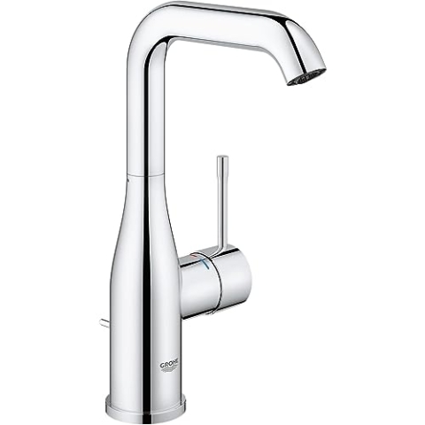 GROHE Essence, Waschtischarmatur hoch, wassersparend (Wasserhahn für das Bad, Badarmatur mit Zugstangen-Ablauf, 24cm hoch, langlebige Oberfläche, einfache Installation am Waschbecken), chrom, 32628001