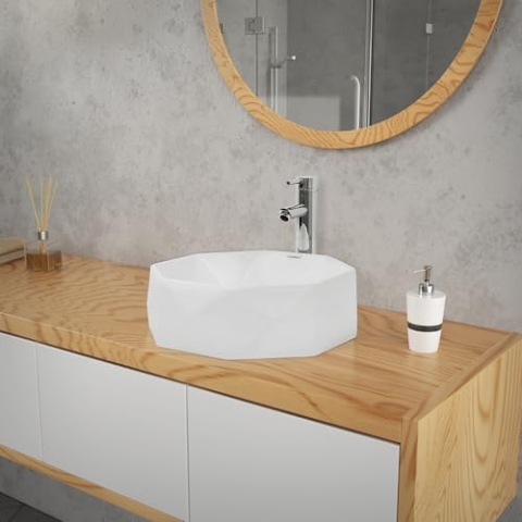 ML-Design Waschbecken aus Keramik in Weiß glänzend, Ø 42x13,5 cm, Diamant Design, Runde Aufsatzwaschbecken, Moderne Waschtisch, Waschschale Waschplatz Handwaschbecken, für das Badezimmer und Gäste-WC