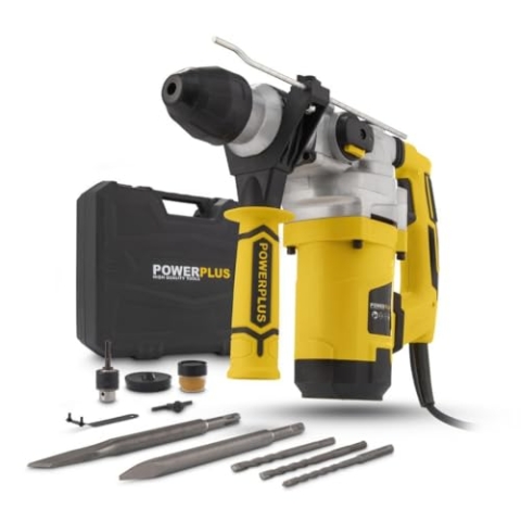 Powerplus Kombibohrmaschine POWX1175 Kombibohrer zum Bohren, Meisseln und Hämmern – Kombibohrer für Beton, Mauerwerk und Holz im Set mit Koffer und Zubehör wie Meissel und Bohrer