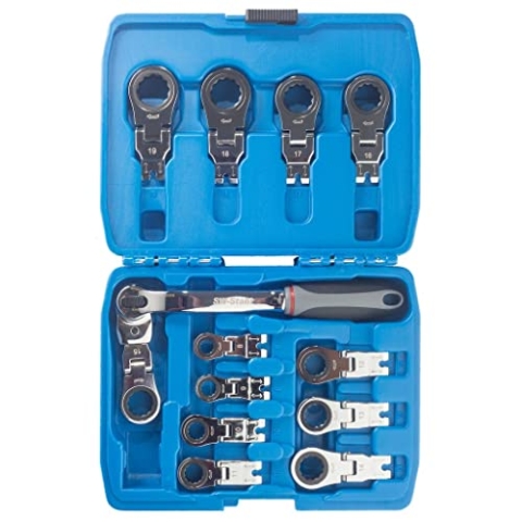 SW-Stahl S1588 Ringratschenschlüssel Set 8-19 mm 13-teilg I Spezialratsche für komplexe Stellen Ringratsche mit Gelenk 180° abwinkelbar I 360° arretiebar I Ratschenringschlüssel Satz