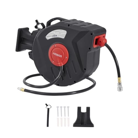 Arebos Druckluftschlauch Aufroller | Automatik Schlauch Aufroller | Wandhalterung | 1/4 Zoll Schnellkupplung | UV-beständig | 180° Schwenkbar | inkl. Montagehalter | 15 m