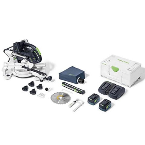 Festool Akku-Kapp-Zugsäge KSC 60 EB 5,2 I-Plus KAPEX (mit Kreissägeblatt, Schraubzwinge, LED-Schlaglicht, Winkelschmiege, Erhöhung, Staubfangbeutel, Innensechskantschlüssel, Energie-Set SYS 18V)