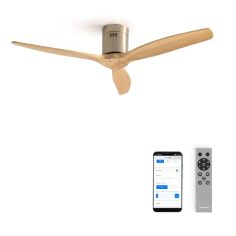 CREATE / WINDCALM/Deckenventilator Nickel Hellesholzflügel mit WLAN Fernbedienung/Leise, 40W, Ø132cm, ABS, 6 Geschwindigkeiten, Timer von 1 bis 4 Std., DC-Motor, Sommer-Winterbetrieb