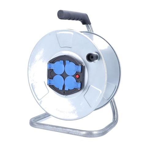 as - Schwabe Metallkabeltrommel Leertrommel Ø285 mm für ca. 50 m Kabel, 4 Einbausteckdosen mit Klappdeckel 230V/16A, Thermoschutzschalter, IP20, Silber, 10408