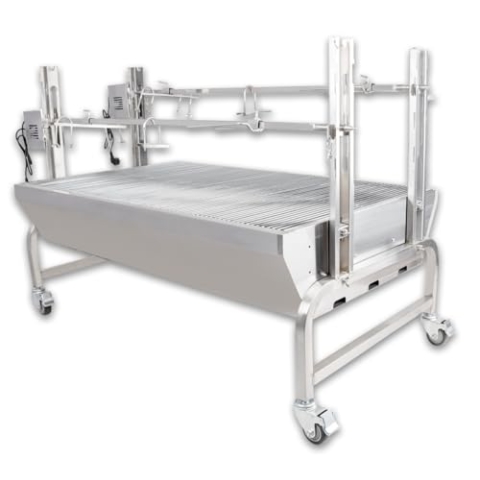 Beeketal 'BSG150-D' Profi Doppel Spanferkelgrill mit 2 Spießen, mobiler Spießgrill mit 2 Grillmotoren und höhenverstellbaren Drehspießen, Edelstahl Konstruktion mit 4 bremsbaren 360° Grad Rollen