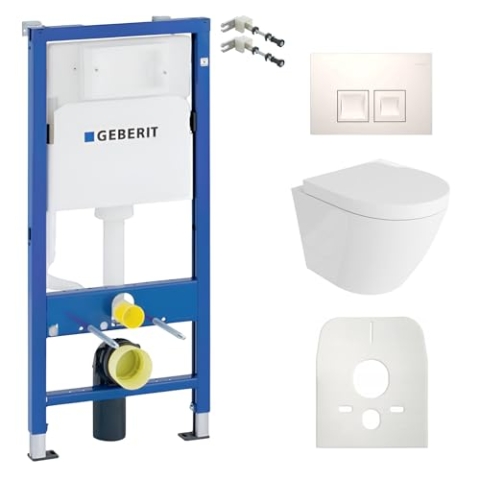 Lavita Duofix Basic Vorwandelement + Wand Tiefspül WC Sogo Weiß Spülrandlos + WC Sitz + Bedienplatte Delta 25 Weißer Knopf Komplettset Unterputz Spülkasten Toilette Komplett Sett WC