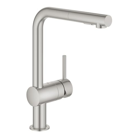 GROHE Minta, Küchenarmatur 2 Strahlarten (Wasserhahn Küche mit ausziehbarer Brause, 360° schwenkbar, wassersparend dank variabler Mengenbegrenzung, einfache Spülbecken-Montage), edelstahl, 30274DC0