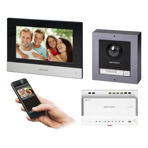 HIKVISION Video-Türsprechanlage mit 2 Kabeln, Video-Türsprechanlage, kabelgebunden, mit 17,8 cm (7 Zoll) Touchscreen und WLAN, externes Panel mit FullHD-Kamera, Video-Türklingel