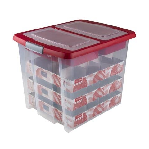 SUNWARE Nesta Weihnachtsbox 45 Ltr mit Tabletts für 48 Weihnachtskugeln (Ø70-80mm) - transparent/rot