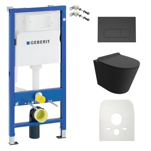 Lavita Duofix Basic Vorwandelement + Wand Tiefspül WC Galve Schwarz Spülrandlos + WC Sitz + Bedienplatte Delta 25 Schwarzer Knopf Komplettset | Unterputz Spülkasten Toilette Komplett Sett WC