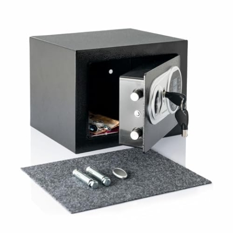 InnovaGoods - Elektronischer Safe Safeck, Robust aus verstärktem Stahl, Doppeltes Sicherheitssystem, Digitale Zahlenkombination, 2 Notöffnungsschlüssel, Kompakt, Schwarz, Kunststoff