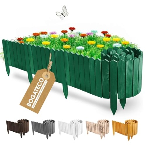 BOGATECO Beeteinfassung Holz Rollborder Holzlatten | Rollzaun 30cm Hoch & 200cm lang | Holz-Zaun | Staketenzaun Perfekt als Beet-Umrandung oder Weg-Abgrenzung | Grün
