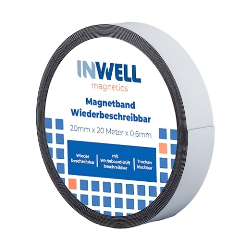 Inwell - Magnetband 20 mm mit Whiteboard-Beschichtung | Länge 20 meter | Magnetbänder mit weißer Oberfläche | Für einem Whiteboard-Marker | Magneten beschriftbar