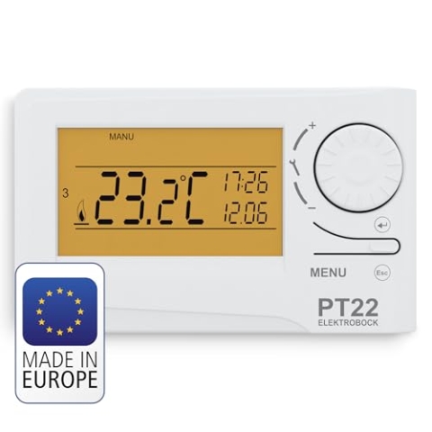 ELEKTROBOCK PT22 - Programmierbares Wandthermostat - Großes beleuchtetes LCD Display - 𝑳𝓐𝑵𝐆𝑳𝜠𝓑𝑰𝐆 - Einstellbares Wochenprogramm - Batteriebetrieb (2x AA) - Für alle Kesselarten geeignet
